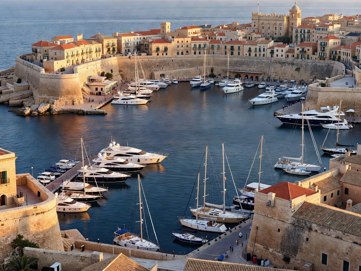 Panoramic historic view of Grand Harbour Marina in Birgu Malta with superyachts moored at deepwater berths