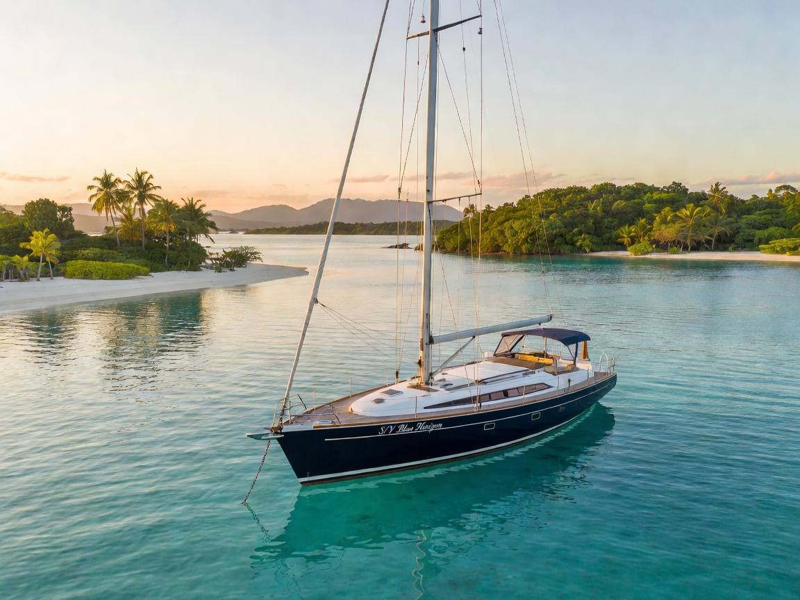 S/Y Blue Horizon 42M Perini Navi carbon-rigged luxury sailing yacht anchored in clear blue waters