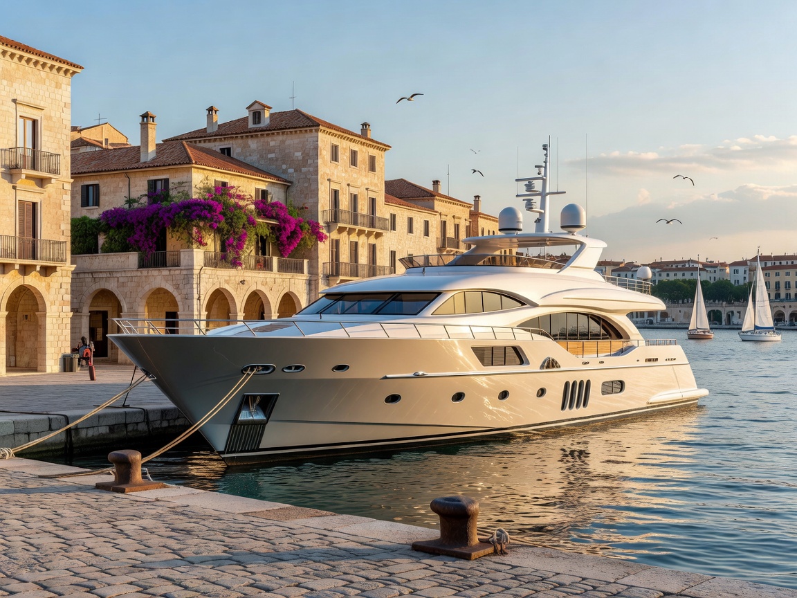 Superyacht berthed in European port with flag registry pennant fluttering